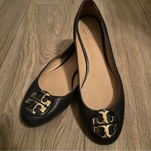 Tory Burch Navy and Gold Flats with Signature Logo